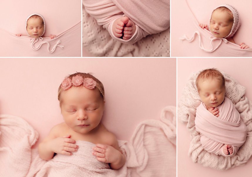 Five newborn portraits in soft pink tones featuring a sleeping baby, wrapped poses, and close-up details of tiny feet. Photography by Tiny Me Photography in Blaine, Minnesota.